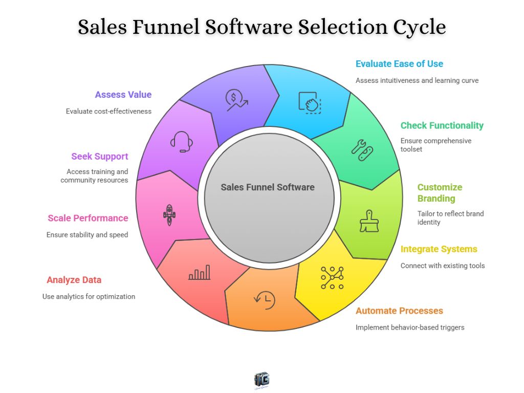 Infographic showing 10-step cycle to select sales funnel software, from ease of use and automation to data analysis and scaling.