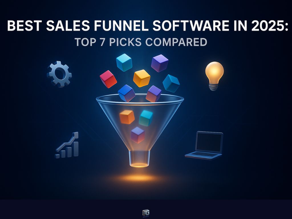 3D funnel with colorful cubes and digital marketing icons, representing top 7 sales funnel software tools in 2025.