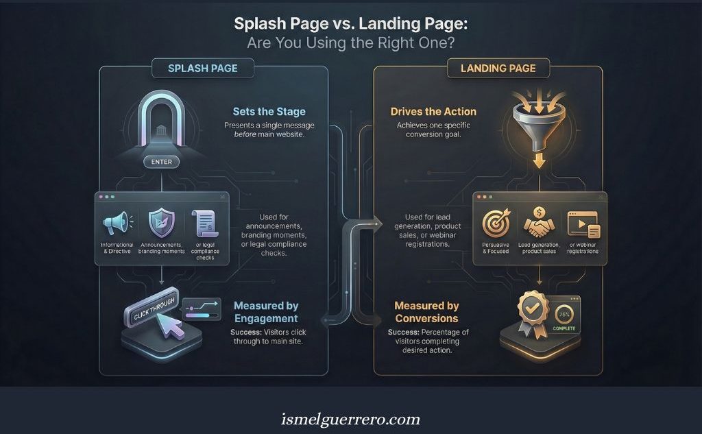Side-by-side comparison of splash pages and landing pages showing their purpose, structure, and how success is measured engagement vs. conversions.