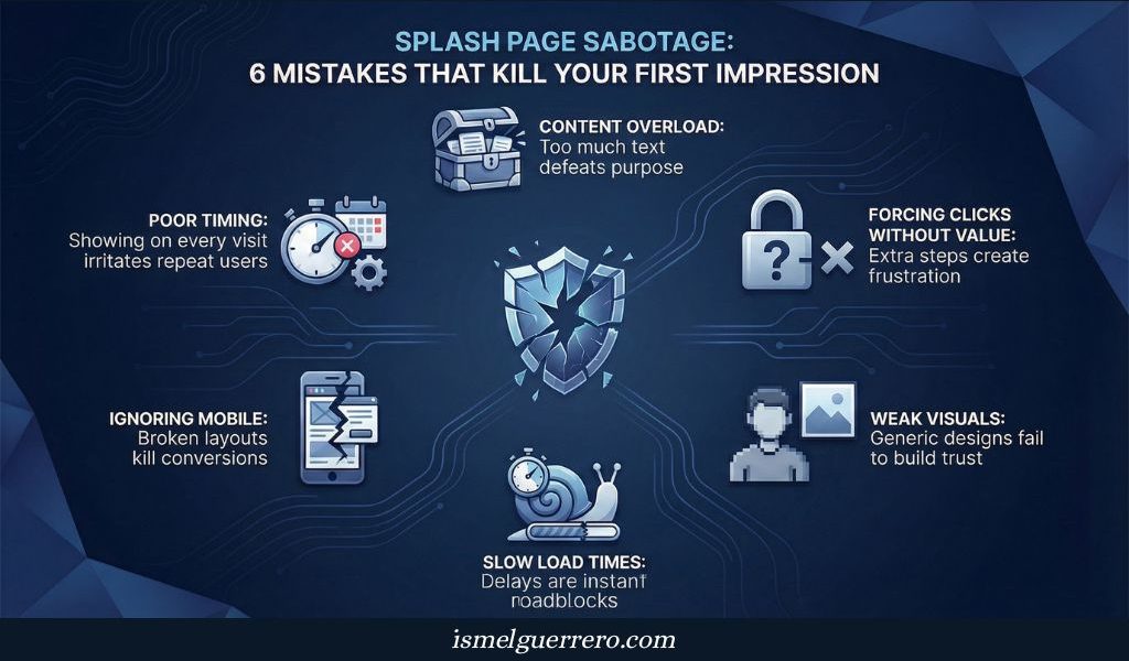 Infographic showing 6 splash page mistakes: poor timing, content overload, broken mobile design, slow load speed, weak visuals, and forced clicks.