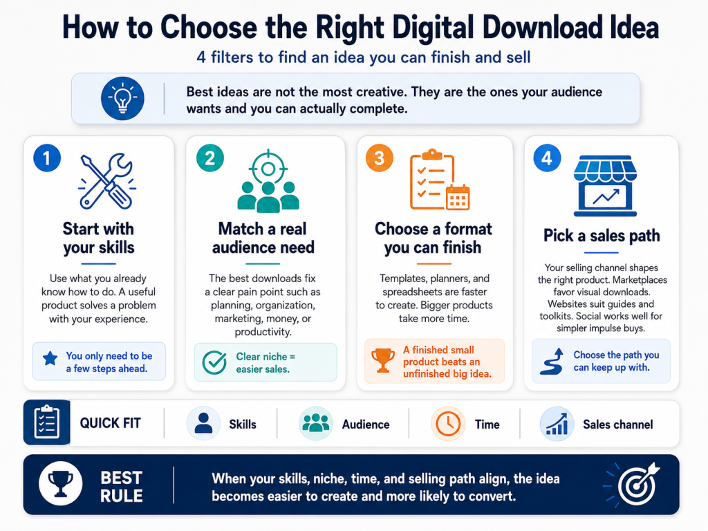Infographic showing how to choose a digital download idea using four filters. Skills, audience need, product format, and sales channel.