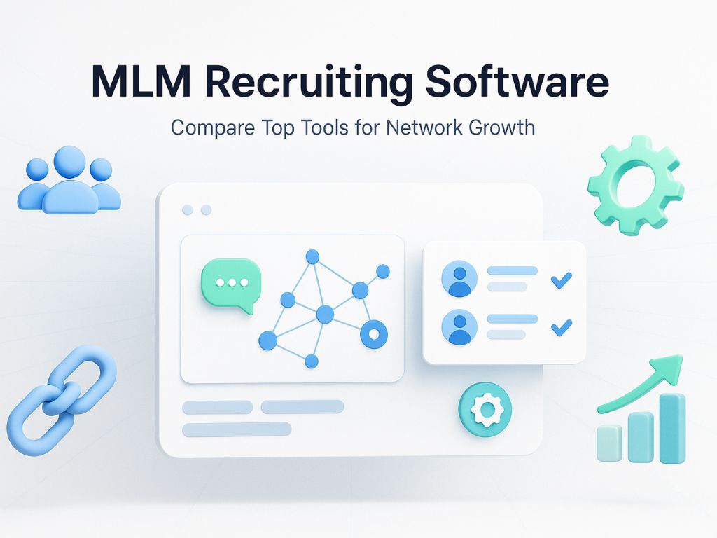 3D dashboard with chat, network diagram, user lists, and gear icons symbolizing MLM recruiting and team growth tools.