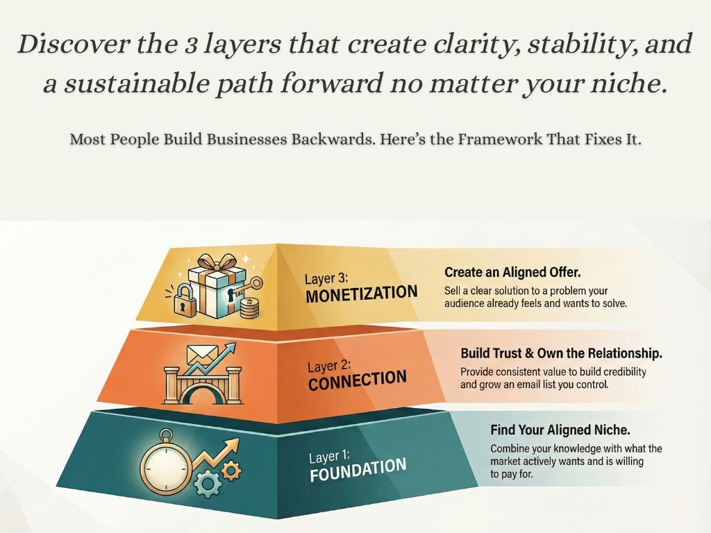 Infographic showing a 3-layer pyramid: Foundation with niche selection, Connection through trust and email list, and Monetization with aligned offers.