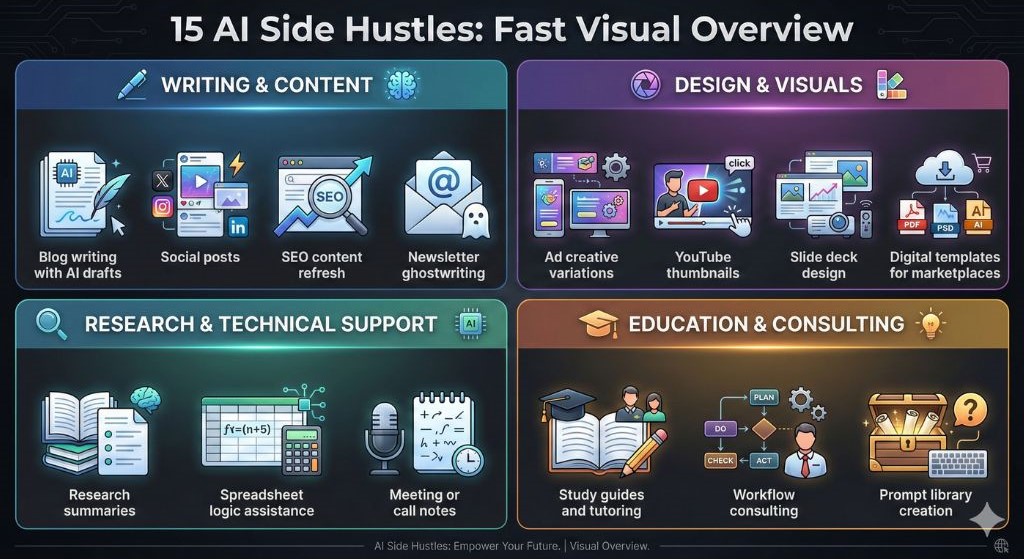 Infographic showing 15 AI-powered side hustles in writing, design, technical support, and education with icons and examples in each category.