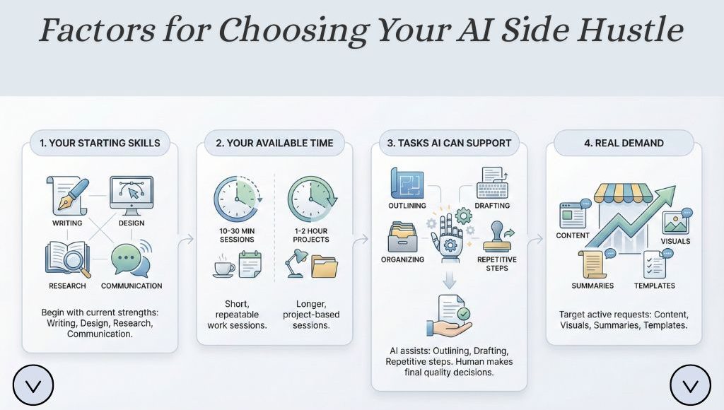 Infographic showing 4 factors for choosing an AI side hustle: skills, time, AI-supported tasks, and real demand for services like content and visuals.