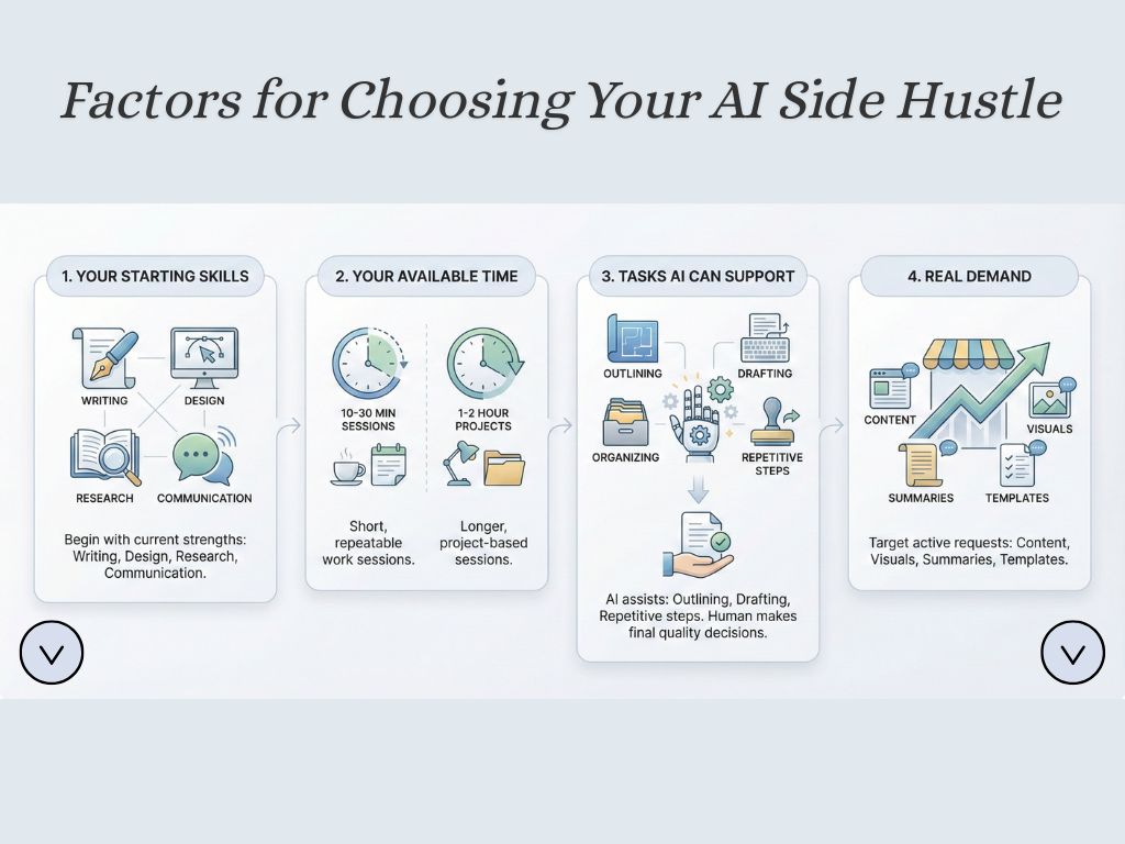 Infographic showing 4 factors for choosing an AI side hustle: skills, time, AI-supported tasks, and real demand for services like content and visuals.