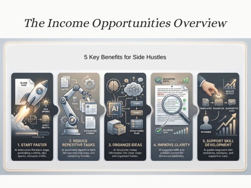 Infographic showing The Income Opportunities and the AI benefits for side hustles: faster starts, task automation, idea organization, editing clarity, and skill development support.
