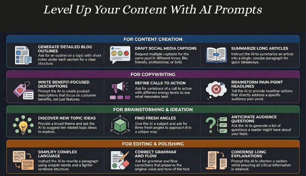 Infographic showing types of AI prompts for content creation, copywriting, idea generation, and editing.