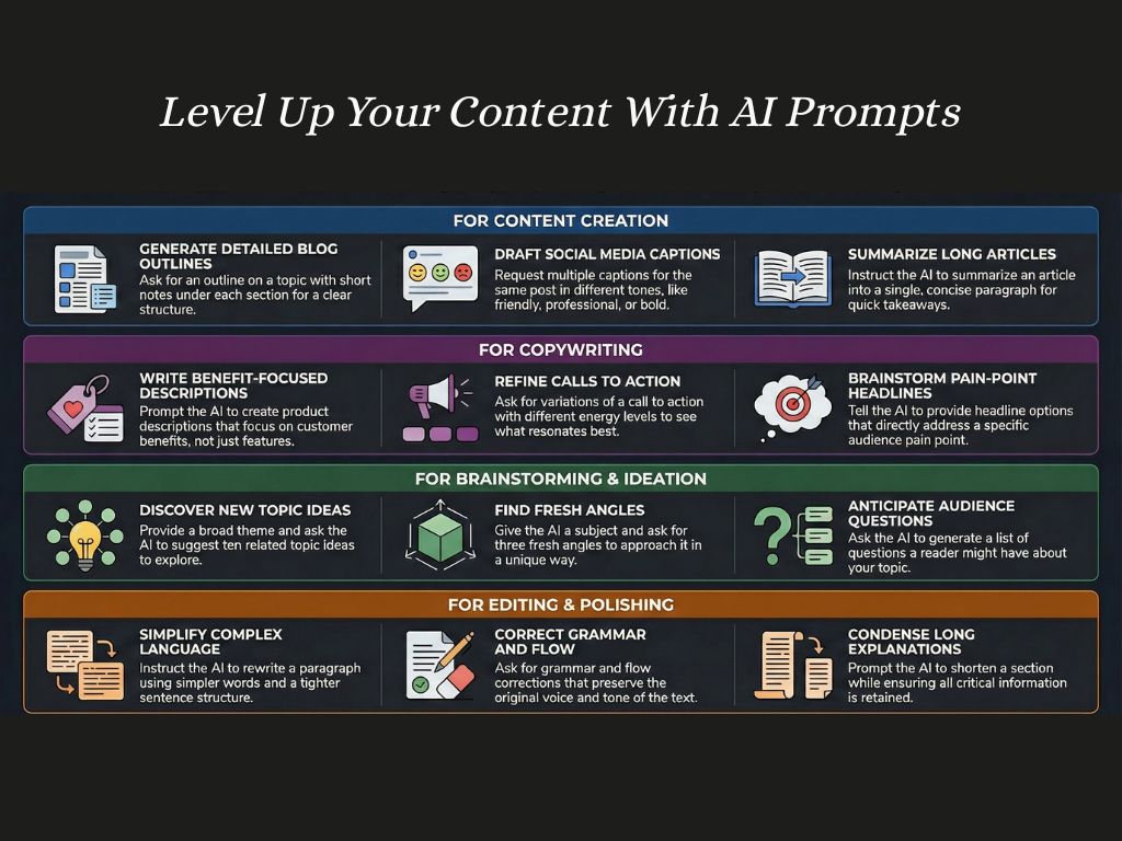 Infographic showing types of AI prompts for content creation, copywriting, idea generation, and editing.
