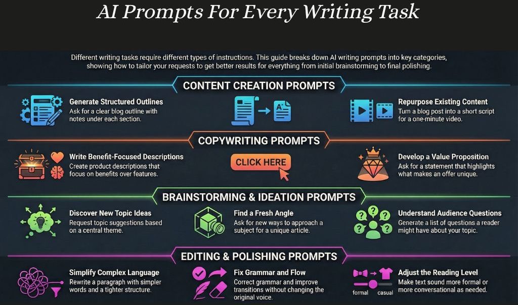 Infographic showing AI writing prompt types for content, copywriting, brainstorming, and editing tasks.