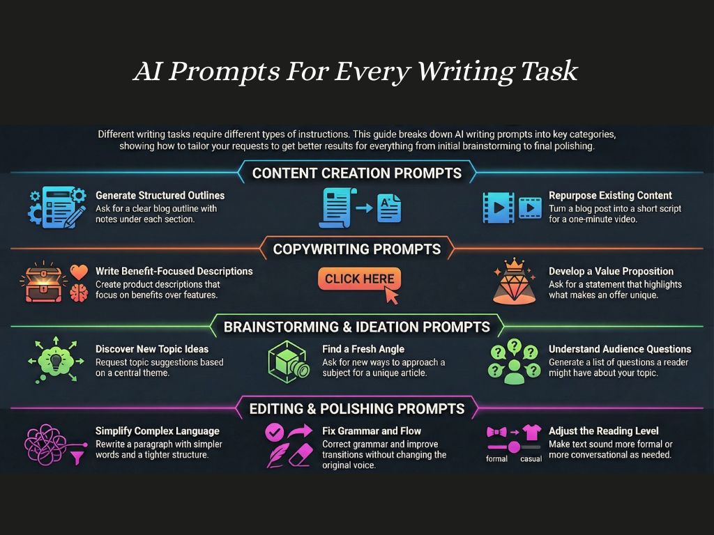 Infographic showing AI writing prompt types for content, copywriting, brainstorming, and editing tasks.