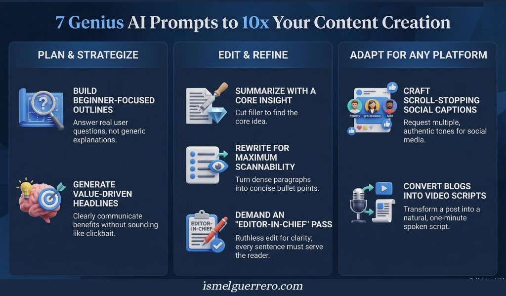 Infographic with 7 AI prompt ideas for content creation across planning, editing, and adapting for platforms. Highlights tactics like beginner outlines, bullet point rewrites, and video script conversion.