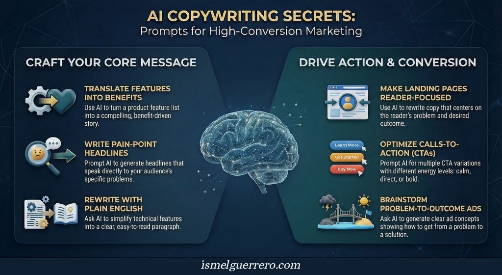 Infographic showing AI copywriting prompts for marketing. Includes sections on rewriting product features into benefits, pain-point headlines, reader-focused landing pages, and optimized CTAs.