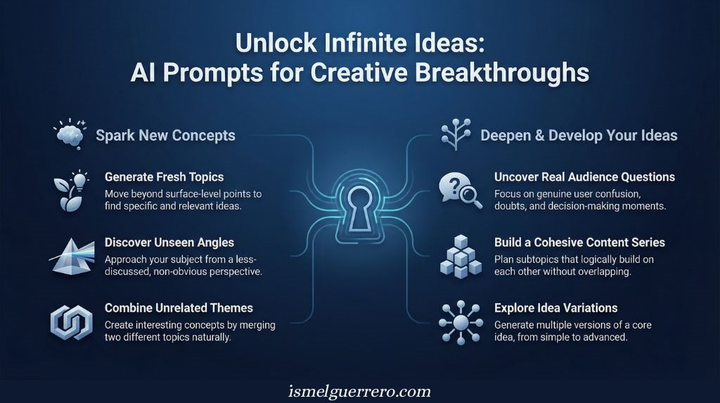 Infographic showing AI prompt techniques to spark and expand content ideas, including generating fresh topics, discovering new angles, and building cohesive content series.
