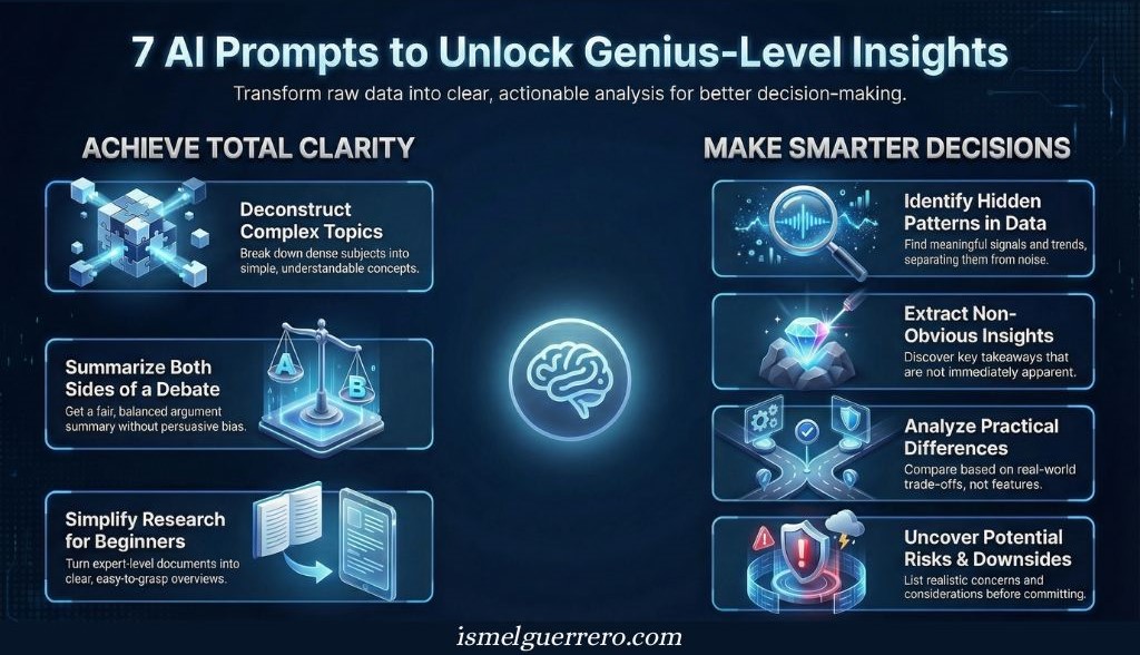Infographic showing 7 AI prompts that help clarify complex topics, analyze data, and extract meaningful insights for smarter decision-making.