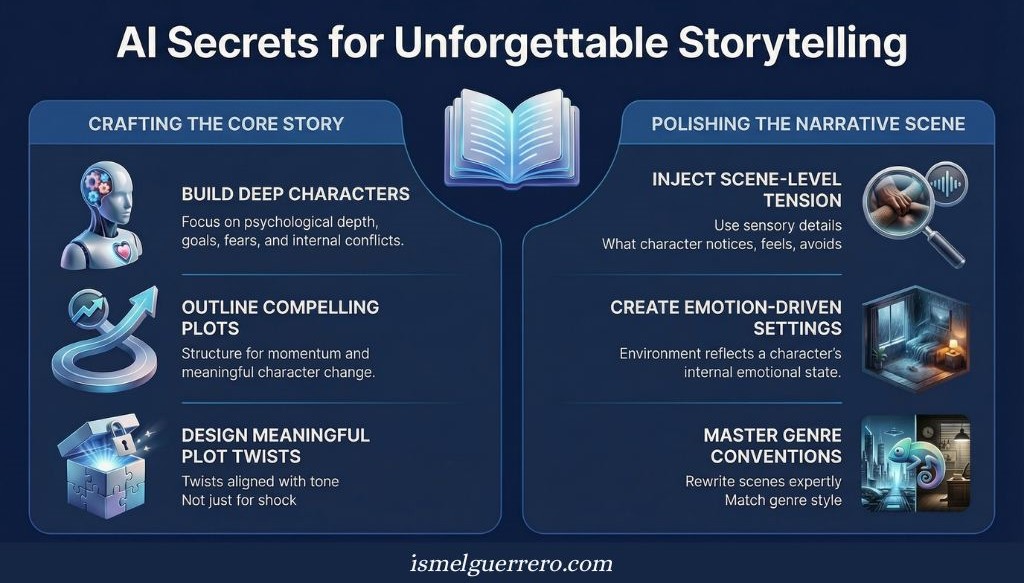 Infographic detailing AI prompts for storytelling, including character development, plot structure, emotional settings, and scene-level tension.