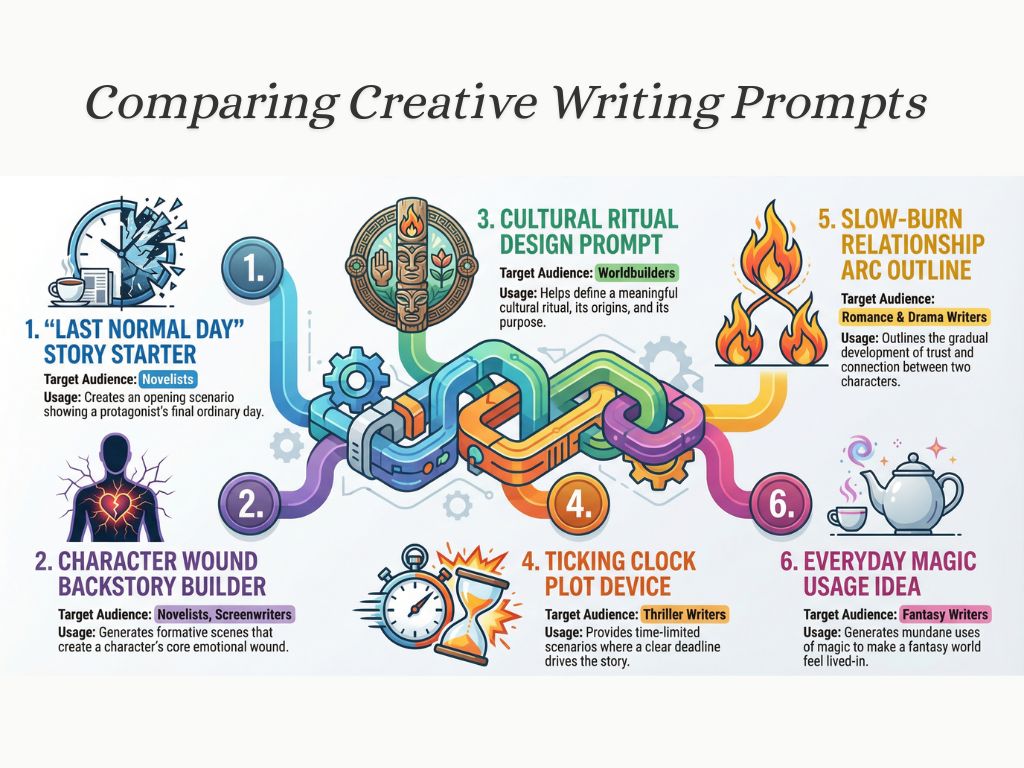 Infographic comparing six creative writing prompt types including character wounds, worldbuilding rituals, and deadline-driven plot devices.