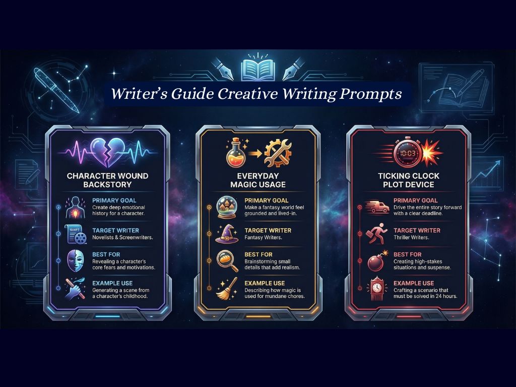 Creative writing prompts infographic with character backstory, fantasy magic use, and suspense-driven ticking clock plot devices for writers.