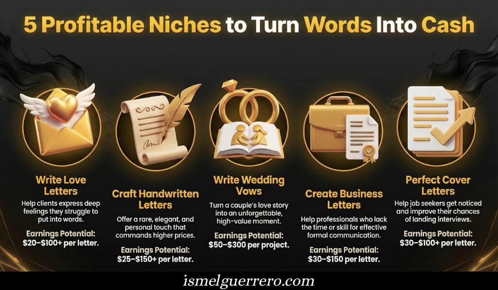 Infographic listing five niches to earn money writing letters, including love letters, wedding vows, business letters, and handwritten notes with income ranges.