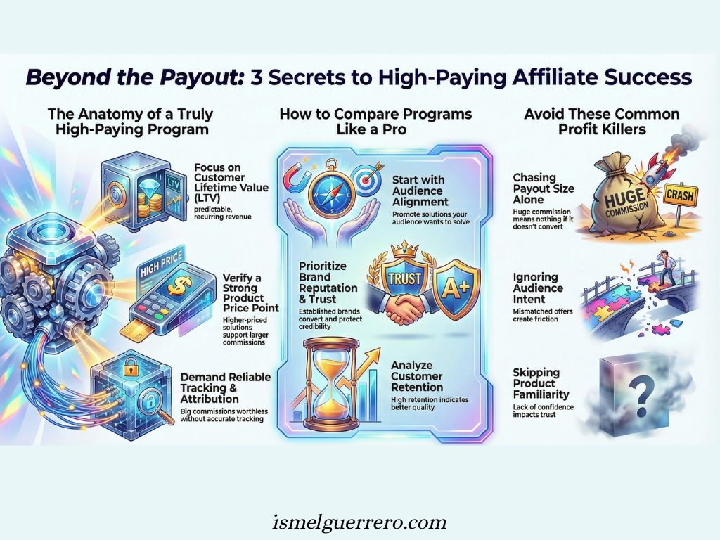 Infographic showing secrets to high-paying affiliate programs, including LTV, product alignment, trust, and common mistakes to avoid.