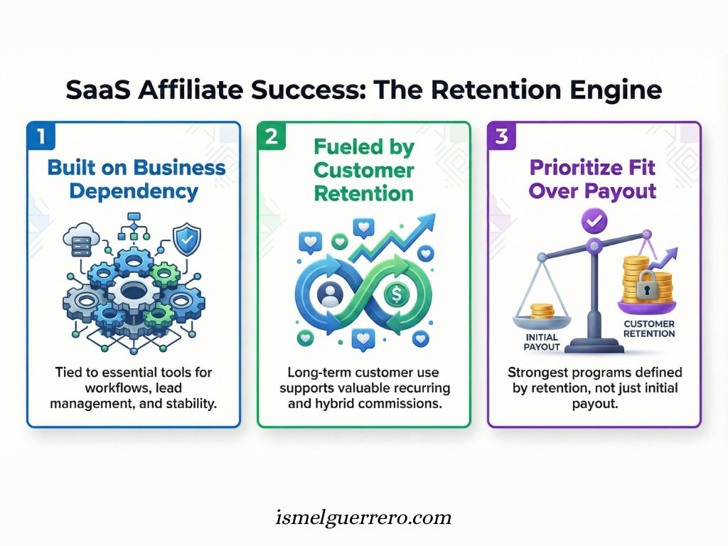 Infographic showing 3 drivers of SaaS affiliate success: business dependency, customer retention, and choosing fit over payout.