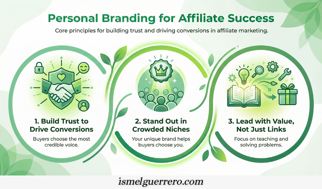 Infographic showing three personal branding tips for affiliate marketers: build trust, stand out in crowded niches, and lead with value, not just links.