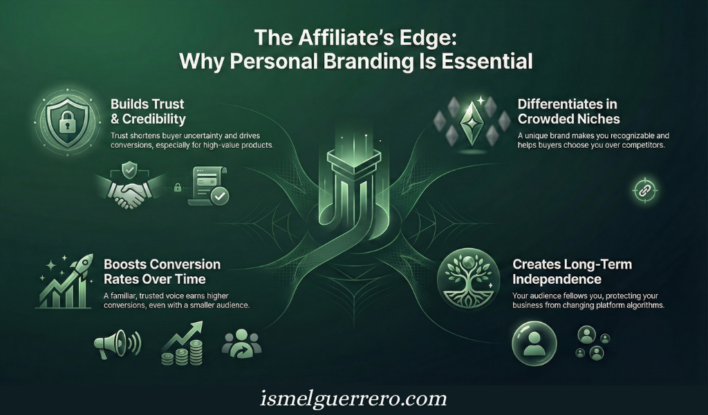 Visual infographic explaining why personal branding is critical for affiliate marketers—covering trust, differentiation, higher conversions, and independence from algorithms.