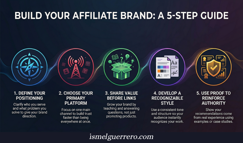 Infographic showing five steps to build a strong affiliate brand: define your positioning, choose your main platform, share value, develop a recognizable style, and use proof to build authority.