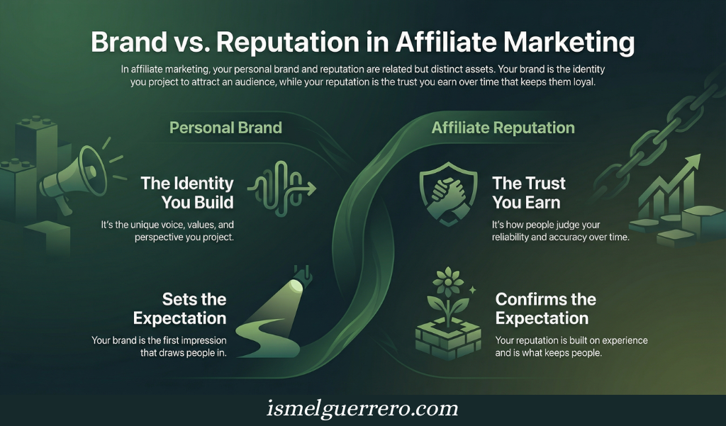 Infographic comparing personal brand and affiliate reputation, highlighting how brand sets the expectation and reputation confirms it through trust and experience.