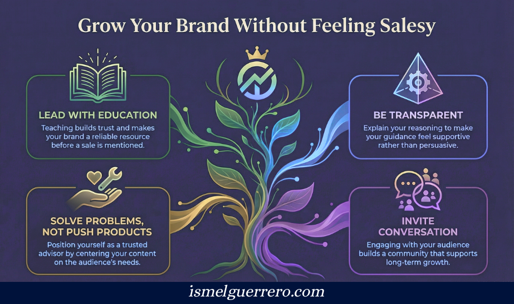 Infographic showing four strategies to grow a brand without being salesy: education, solving problems, transparency, and inviting conversation.