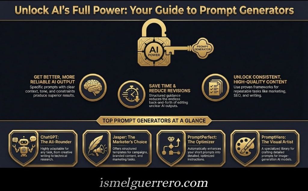 Infographic showing benefits of AI prompt generators with tool comparisons: ChatGPT, Jasper, PromptPerfect, and PromptHero.