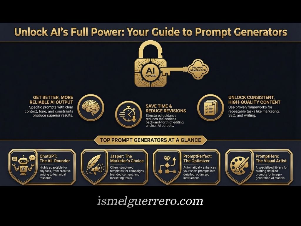 Infographic showing benefits of AI prompt generators with tool comparisons: ChatGPT, Jasper, PromptPerfect, and PromptHero.