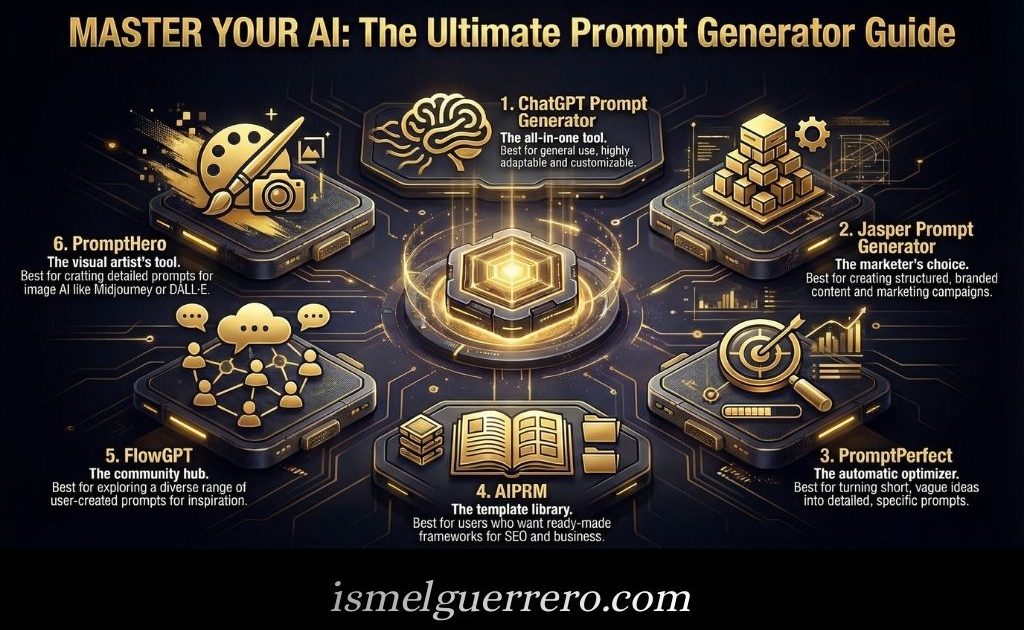 Infographic comparing six AI prompt generators with icons and descriptions: ChatGPT, Jasper, PromptPerfect, AIPRM, FlowGPT, and PromptHero.