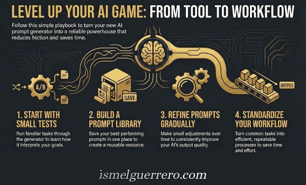 4-step visual guide showing how to turn AI prompt generators into a workflow system: test, build a library, refine prompts, and standardize processes.