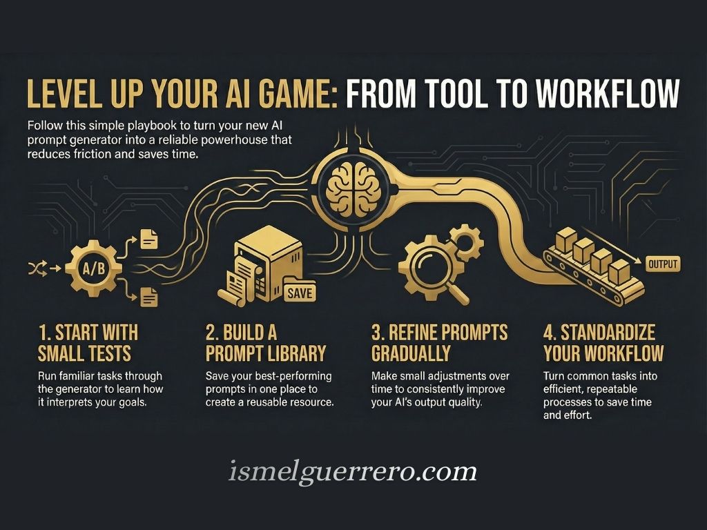 4-step visual guide showing how to turn AI prompt generators into a workflow system: test, build a library, refine prompts, and standardize processes.