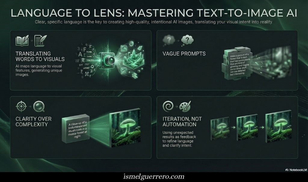 Visual guide showing how clear prompts and iteration help generate better AI images by translating language into visuals.