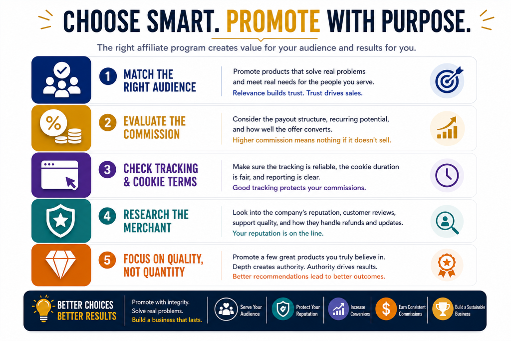 Infographic showing how to choose an affiliate program by evaluating audience fit, commissions, tracking terms, merchant reputation, and product quality.