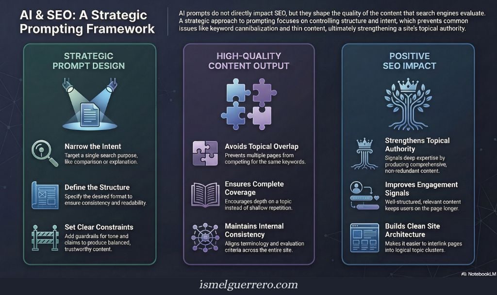 Framework showing how strategic AI prompt design leads to high-quality content and improves SEO through topical authority, engagement, and site architecture.