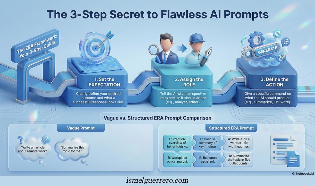 Infographic showing ERA Framework for AI prompts: Expectation, Role, and Action with side-by-side prompt examples.