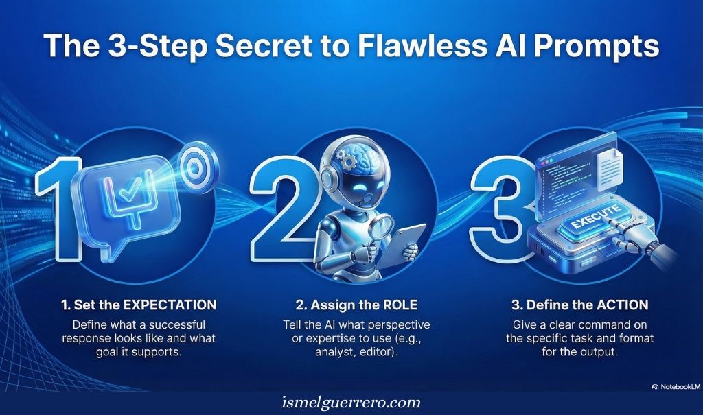 Futuristic infographic showing the 3-step ERA framework to improve AI prompts: Expectation, Role, and Action with robot and execution visuals.