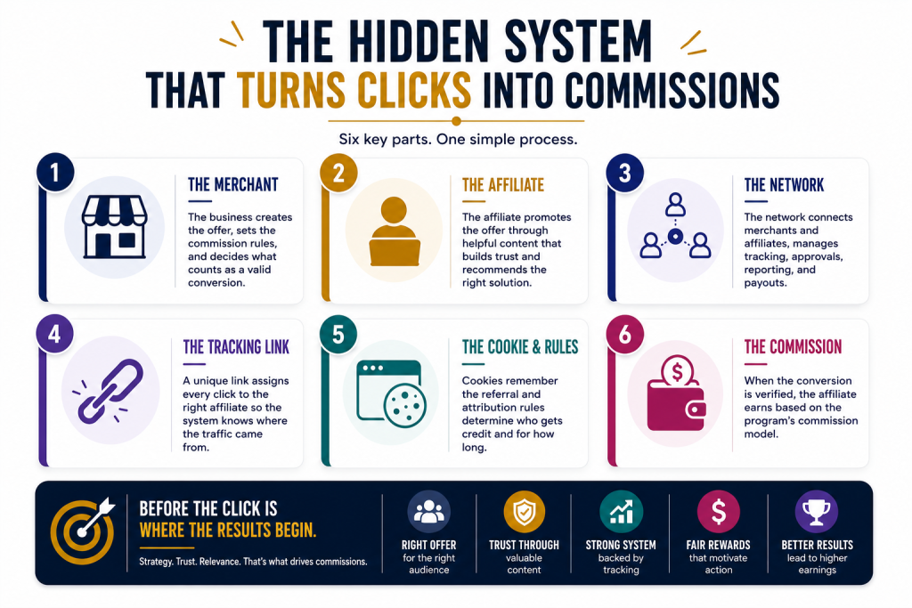 Infographic showing the affiliate marketing system, including the merchant, affiliate, network, tracking link, cookies, attribution rules, and commission process.