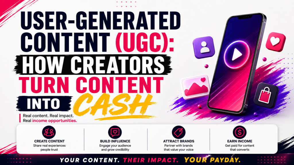 Hero image titled “User-Generated Content (UGC): How Creators Turn Content Into Cash” showing a smartphone with social media icons, creator content graphics, and key points for creating content, building influence, attracting brands, and earning from content.