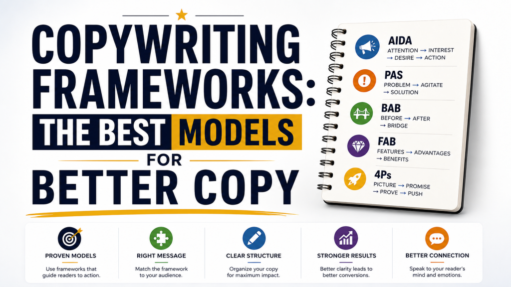 Hero image titled “Copywriting Frameworks. The Best Models for Better Copy” showing a notebook with AIDA, PAS, BAB, FAB, and 4Ps, plus benefits such as proven models, right message, clear structure, stronger results, and better connection.