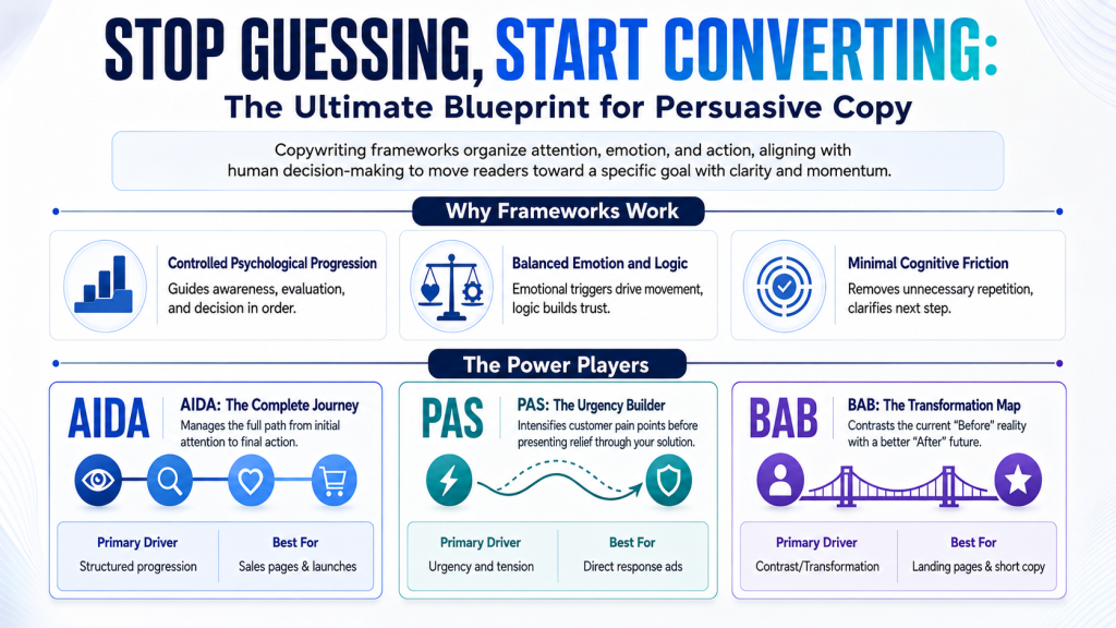 Infographic titled “Stop Guessing. Start Converting” explaining copywriting frameworks, why they work, and how AIDA, PAS, and BAB guide persuasive copy through structure, urgency, emotion, logic, and transformation.