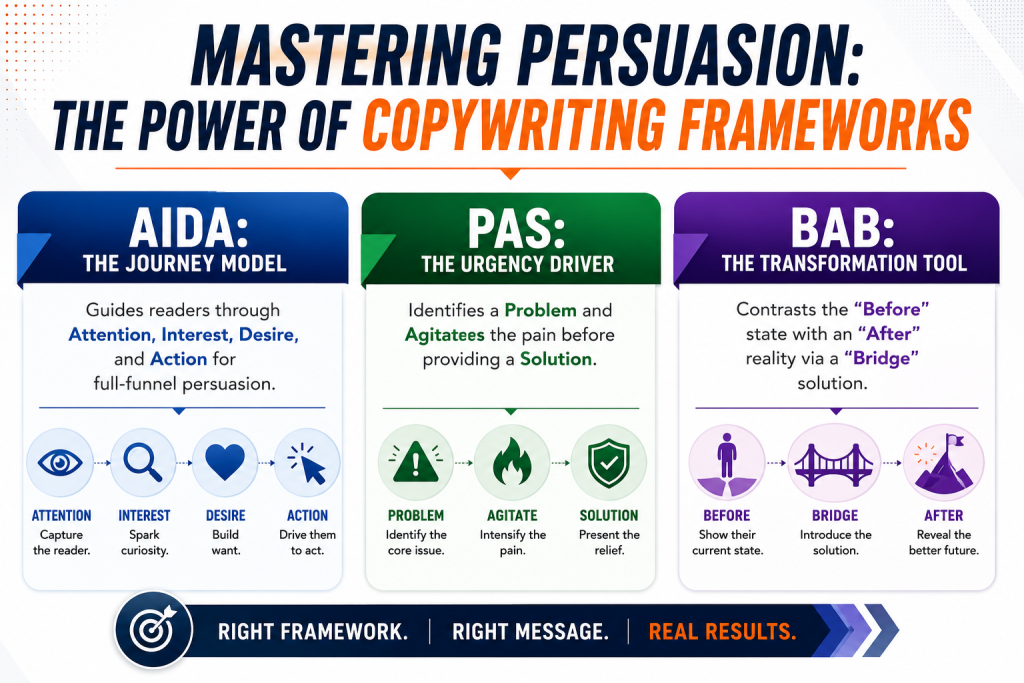 Infographic titled “Mastering Persuasion. The Power of Copywriting Frameworks” comparing AIDA, PAS, and BAB, with visual steps for attention, interest, desire, action, problem, agitate, solution, before, bridge, and after.