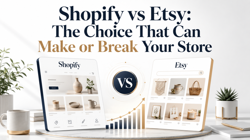 Comparison image for Shopify vs Etsy, showing a Shopify storefront and an Etsy marketplace page with a growth chart in the center, representing how platform choice can affect your online store’s success.