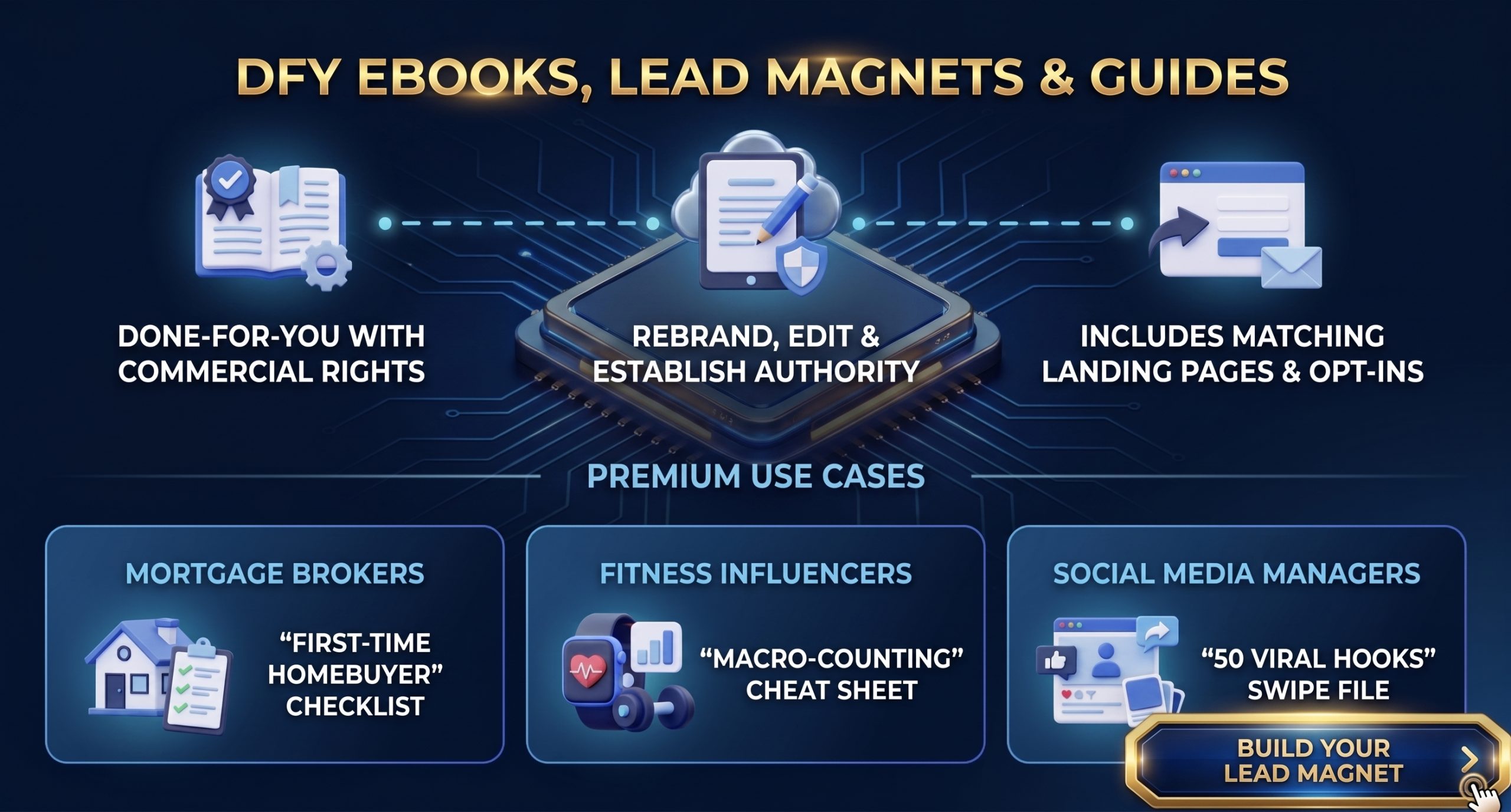 Infographic showing done-for-you ebooks with commercial rights, editable branding, and examples for mortgage brokers, fitness influencers, and social media managers.