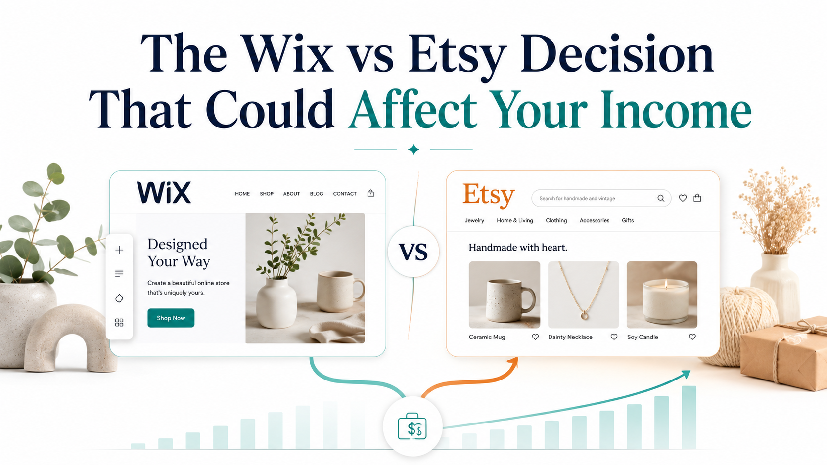 Comparison image for Wix vs Etsy, showing a Wix online store and an Etsy marketplace storefront with growth chart visuals, representing how platform choice can affect online selling potential.