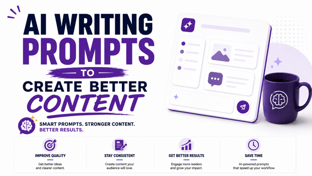 Hero image titled “AI Writing Prompts to Create Better Content” showing a purple content dashboard, writing prompt visuals, and benefit icons for improving quality, staying consistent, getting better results, and saving time.