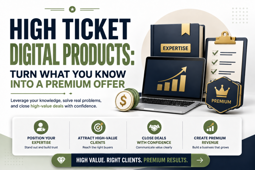 Hero image titled “High-Ticket Digital Products. Turn What You Know Into a Premium Offer” showing a laptop, expertise folder, checklist, premium badge, and growth chart for positioning expertise, attracting high-value clients, closing deals with confidence, and creating premium revenue.